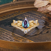 Nature-Inspired Pear-Cut Alexandrite Couple's Engagement Ring Set